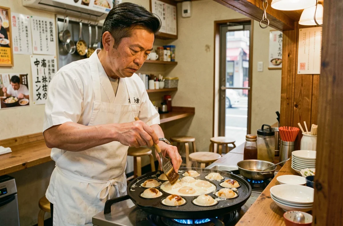Chef japonais préparant des takoyaki dans la cuisine ouverte du Petit Tokyo au Havre