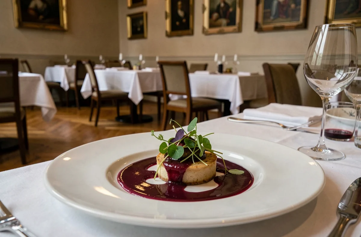 Assiette gastronomique raffinée au restaurant Loiseau des Sens à Beaune avec décor élégant en fond
