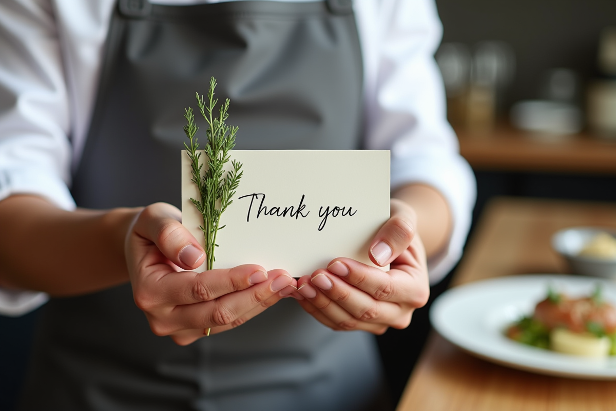 Mains offrant une note manuscrite et des herbes au chef