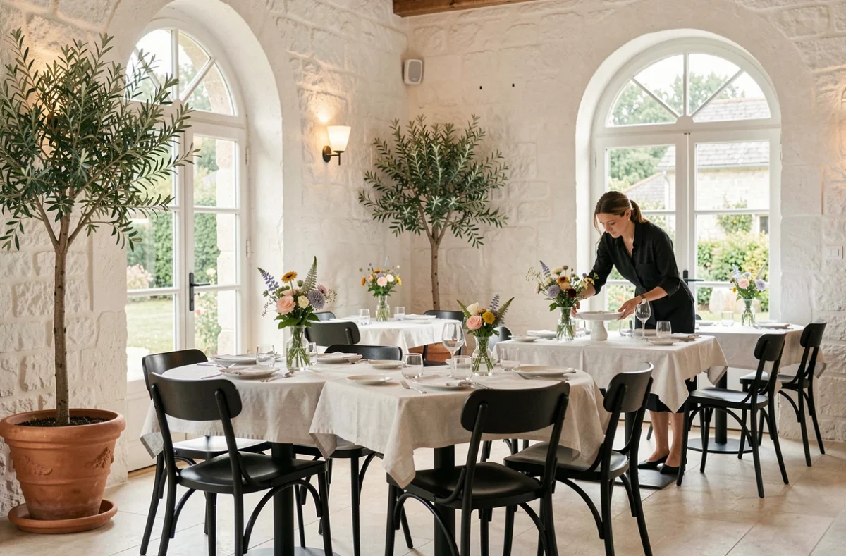 Salle lumineuse et moderne de Maison Legris à Plouider avec murs en pierre blanchie et tables en marbre élégamment dressées