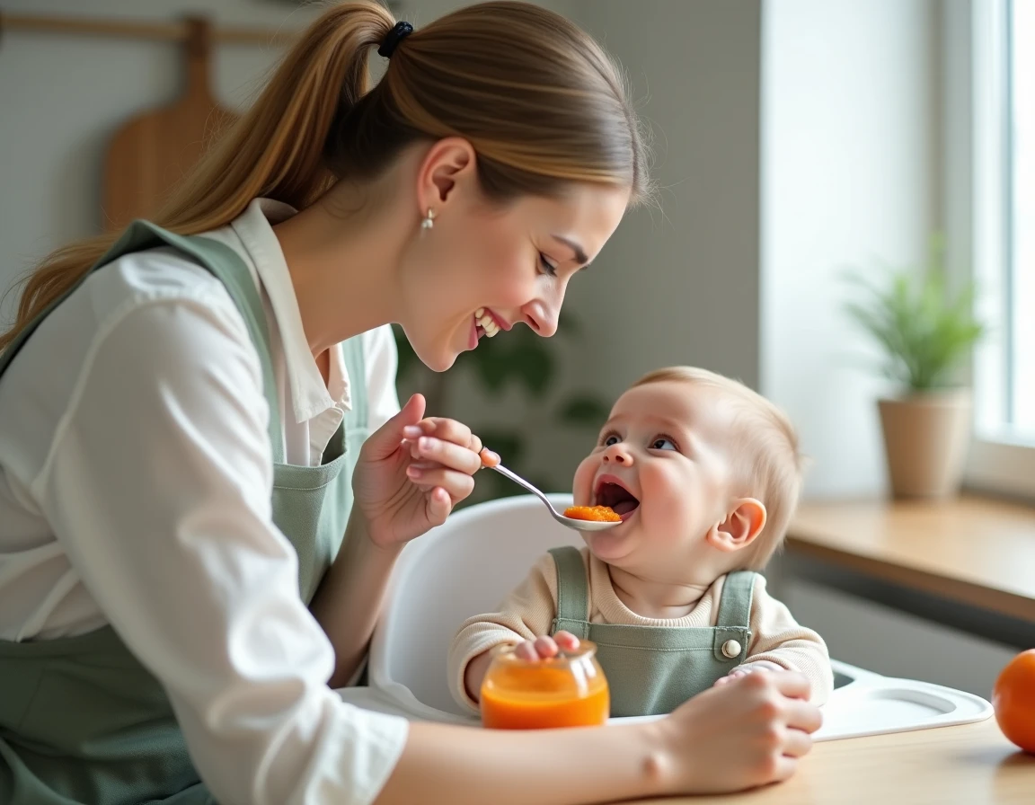 Maman donnant de la purée de kaki à la cuillère à son bébé dans une chaise haute blanche