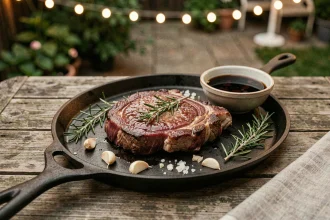 Marinade express pour chevreuil à la plancha avec romarin et ail sur table en bois en été