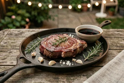 Marinade express pour chevreuil à la plancha avec romarin et ail sur table en bois en été