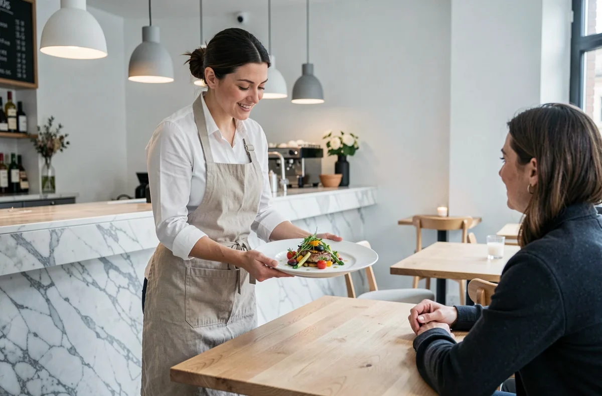Service en salle au restaurant Le Maufoux à Beaune avec décor contemporain et plat de saison présenté