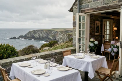 Terrasse de restaurant gastronomique en Finistère avec vue sur la côte bretonne sauvage et tables dressées avec soin
