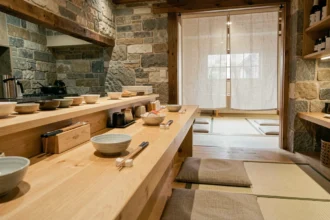 Vue d'ensemble d'un restaurant japonais en Normandie, mêlant décor minimaliste japonais et architecture normande en pierre