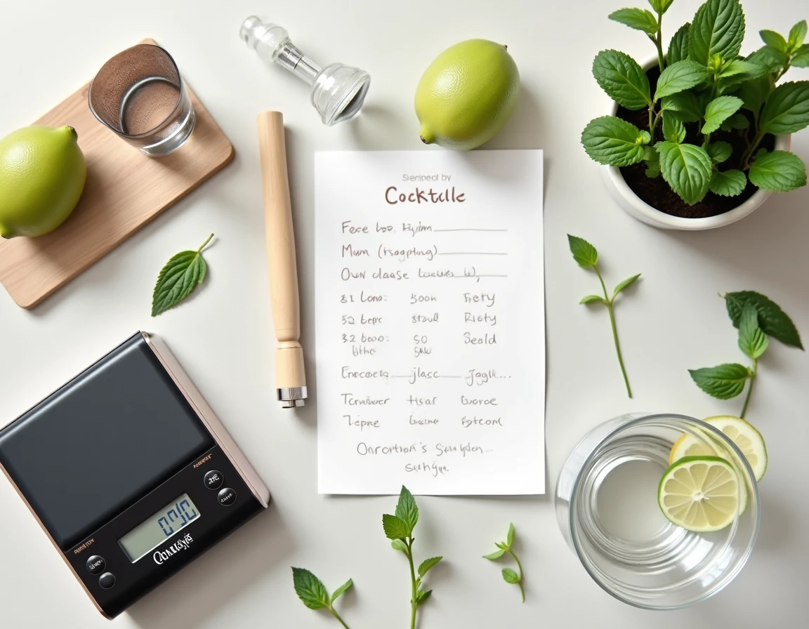 Vue de dessus d'outils de mesure pour cocktails avec un jigger gradué à 6cl, une balance numérique affichant des grammes et une fiche recette sur un plan de travail en béton