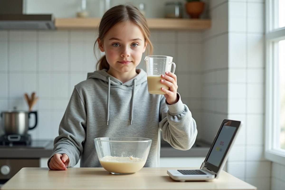 Jeune fille vérifiant la mesure en centilitres d'un liquide dans un verre doseur pour une recette de gâteau