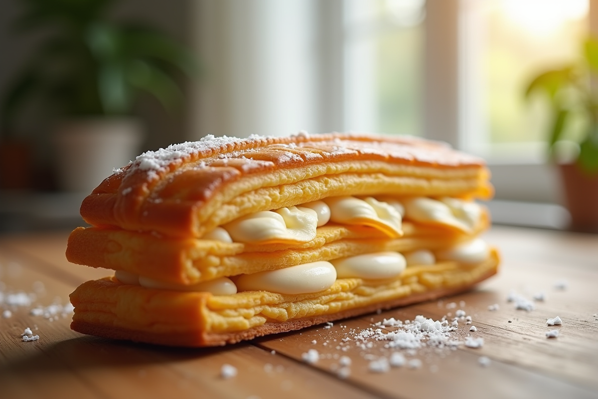 Gâteau millefeuille frais avec couches dorées et crème