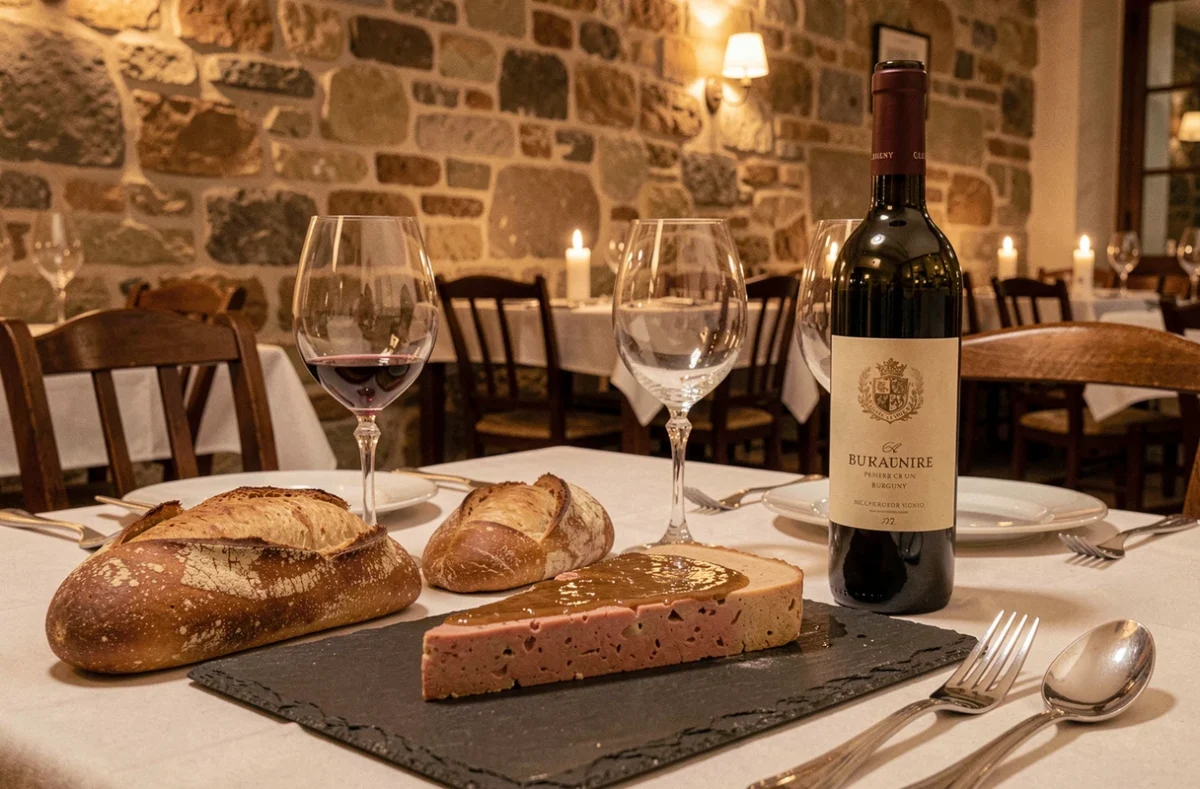 Table intimiste au restaurant Le Millésime à Beaune avec vin de Bourgogne et terrine maison sur ardoise