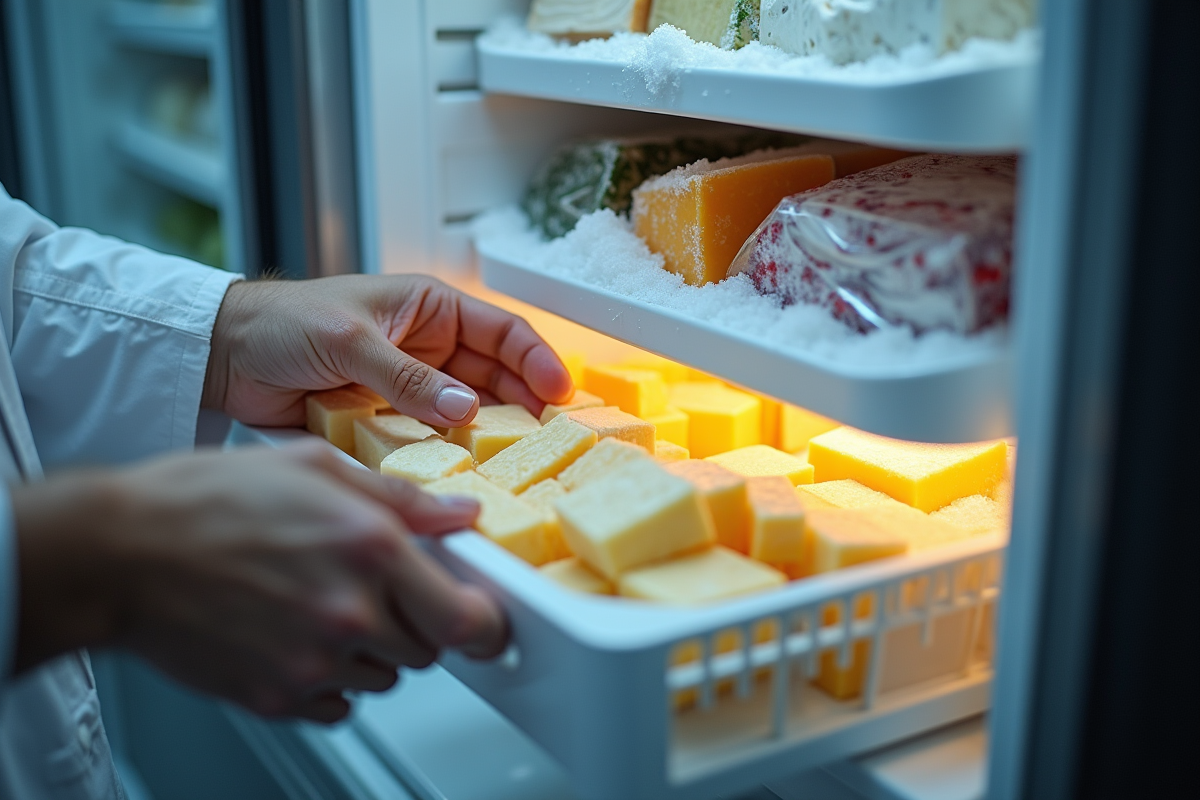 Mains plaçant des morceaux de fromage dans un congélateur froid