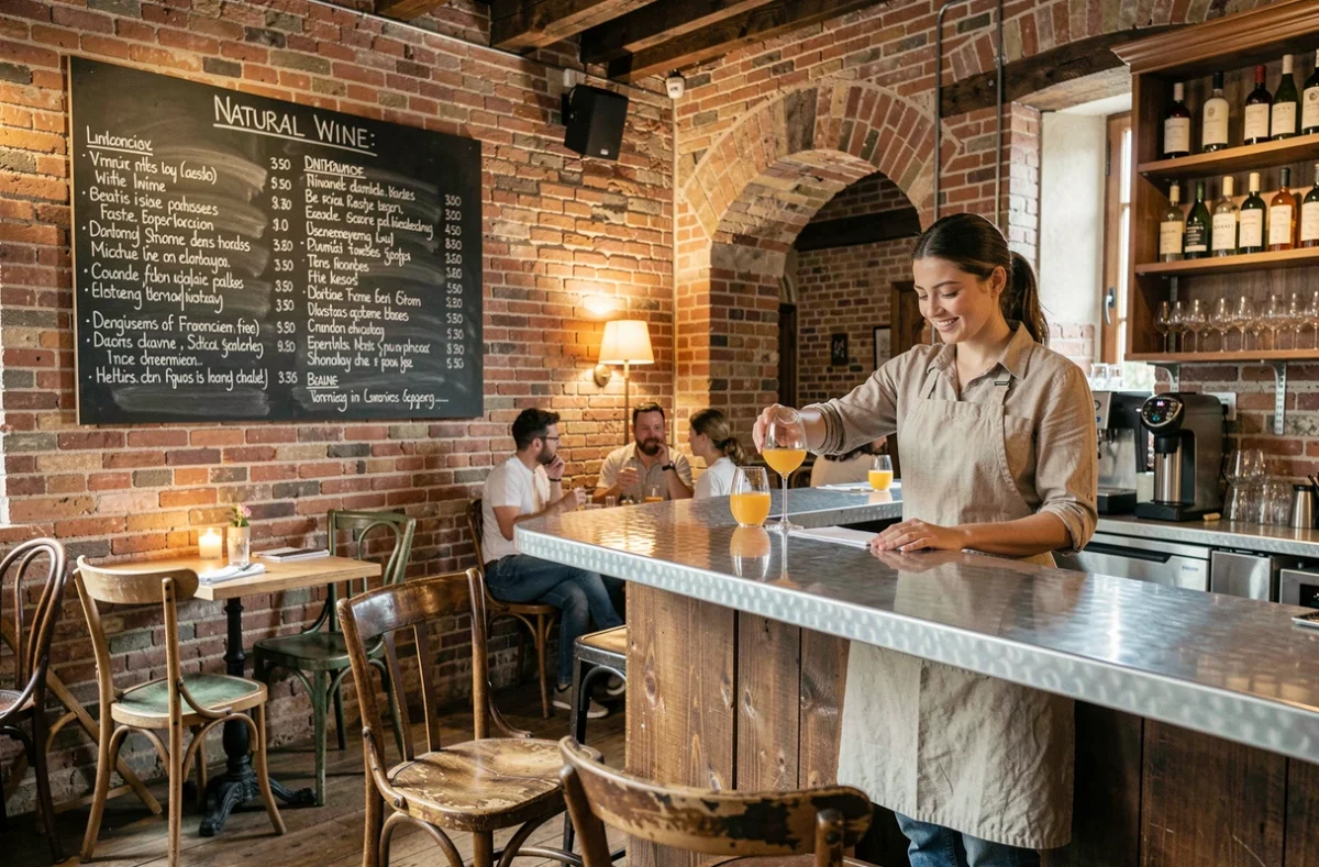 Barman versant un vin nature au restaurant Monique à Beaune dans une salle conviviale au décor éclectique
