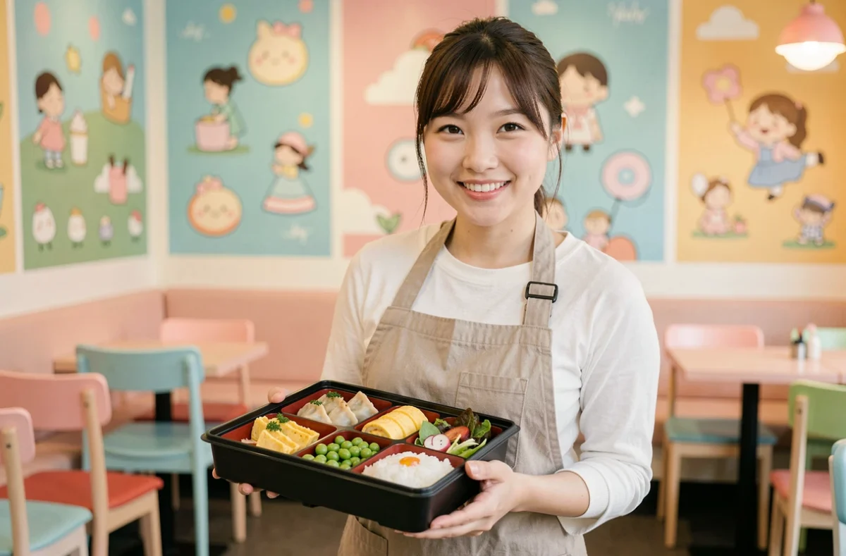 Serveuse présentant un bento coloré et complet chez Moshi Moshi, restaurant japonais à Rouen