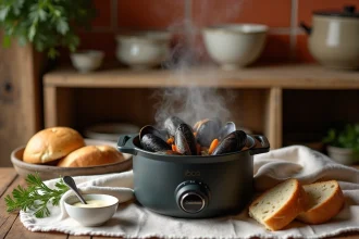 Moules cuites au Cookeo présentées dans la cocotte sur une table en bois rustique avec pain et sauce crème pour une soirée entre amis