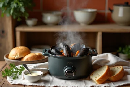Moules cuites au Cookeo présentées dans la cocotte sur une table en bois rustique avec pain et sauce crème pour une soirée entre amis