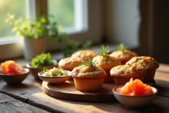 Muffins salés sur une table en bois rustique avec accompagnements
