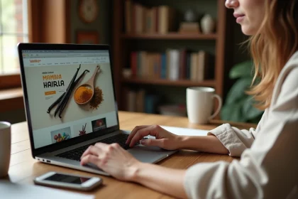 Femme négociant le prix de la vanille au kilo sur une boutique en ligne depuis son bureau à domicile
