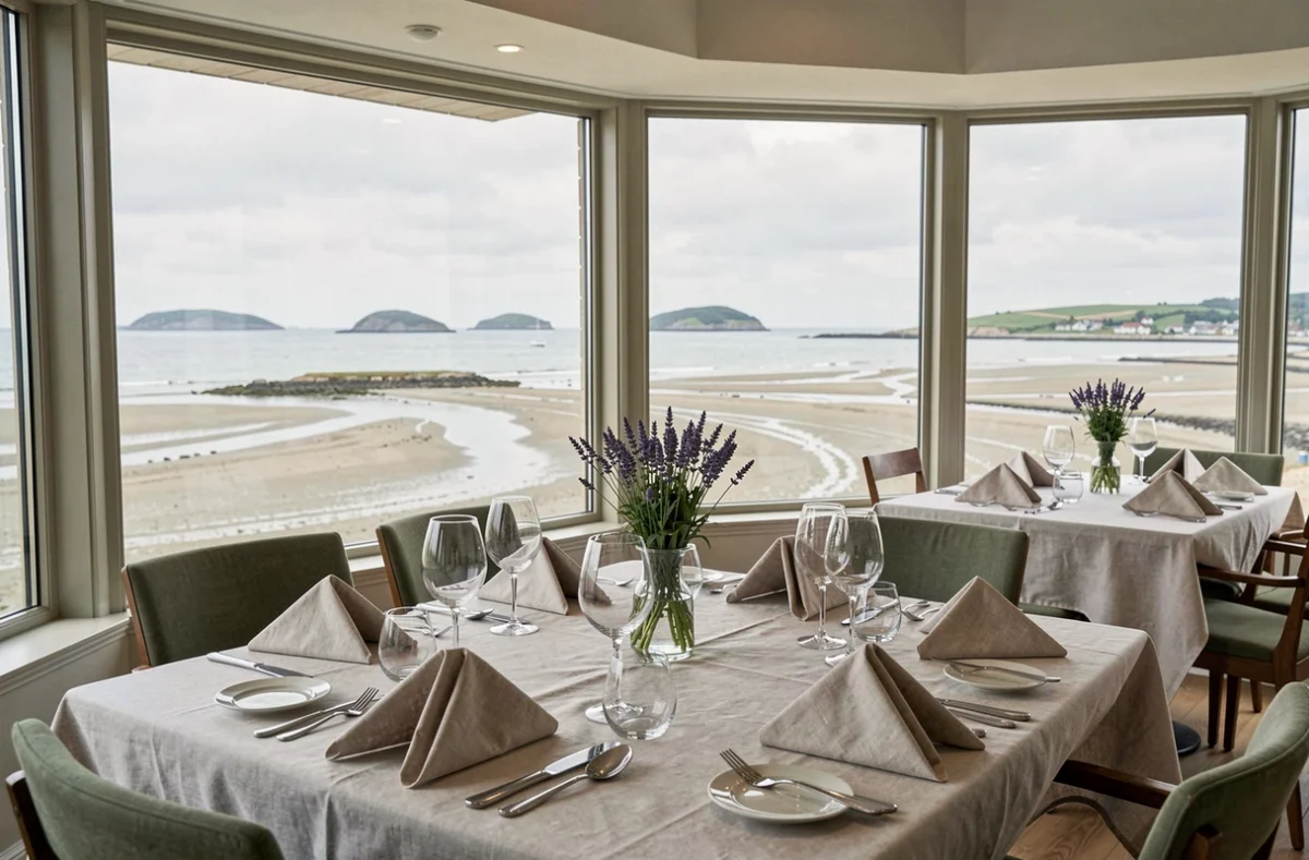 Table dressée avec élégance au restaurant Nicolas Carro à Carantec avec vue sur la baie de Morlaix