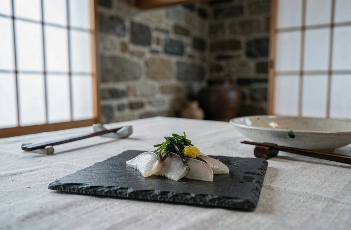 Assiette gastronomique japonaise-bretonne du restaurant Nori au Brittany à Roscoff avec bar sauvage et yuzu
