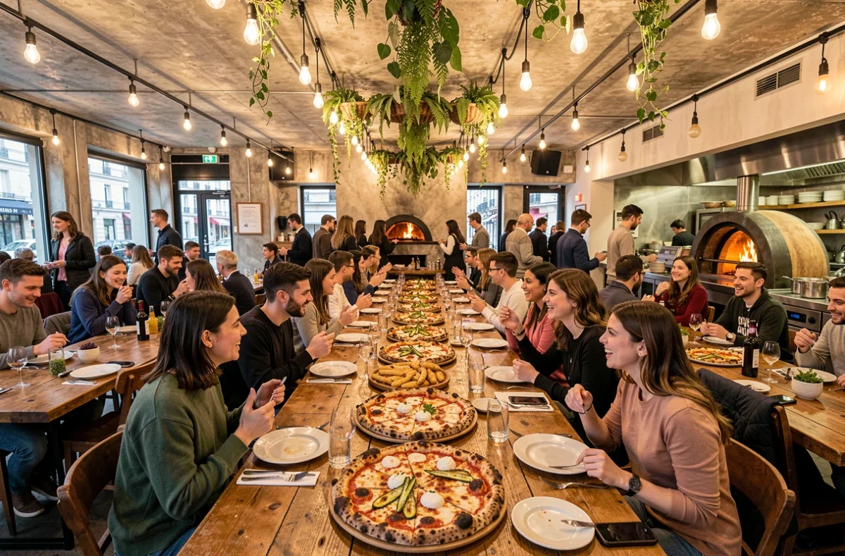 Salle festive et animée du restaurant Ober Mamma dans le 11e arrondissement avec tables partagées et four à bois