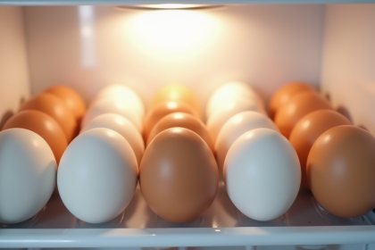Oeufs frais bruns et blancs dans le frigo lumineux