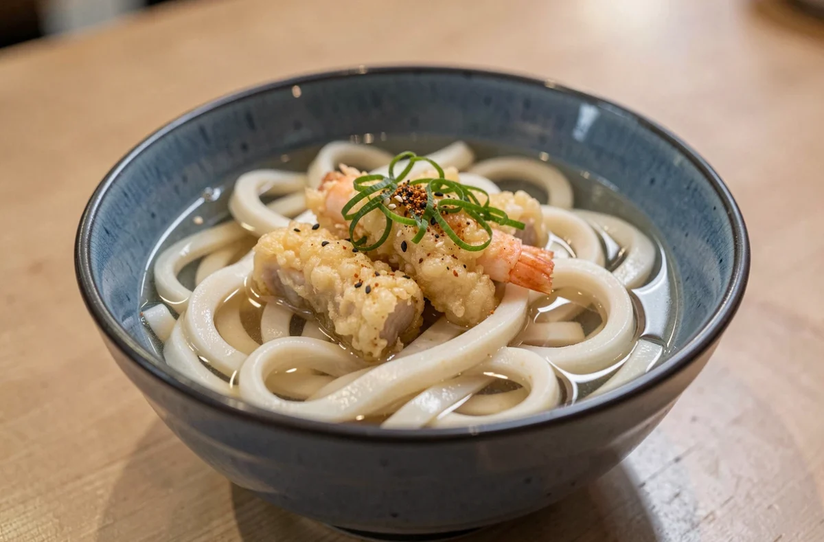 Bol d'udon maison en bouillon dashi avec tempura de crevettes chez Once Udon a Time à Rouen