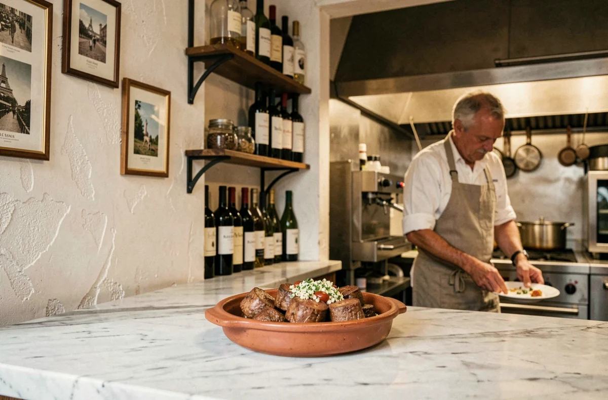 Plat d'ossobuco servi à l'ardoise dans l'atmosphère authentique de l'Osteria Ferrara à Paris