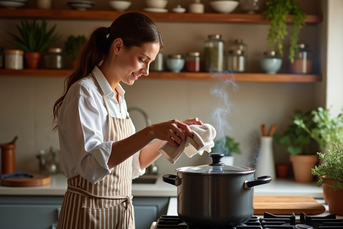 Femme ouvrant une cocotte-minute après cuisson des haricots verts dans une cuisine de style provençal