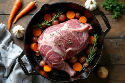 Palette de porc fraîche dans un plat en fonte avec légumes et herbes aromatiques prête pour la cuisson au four