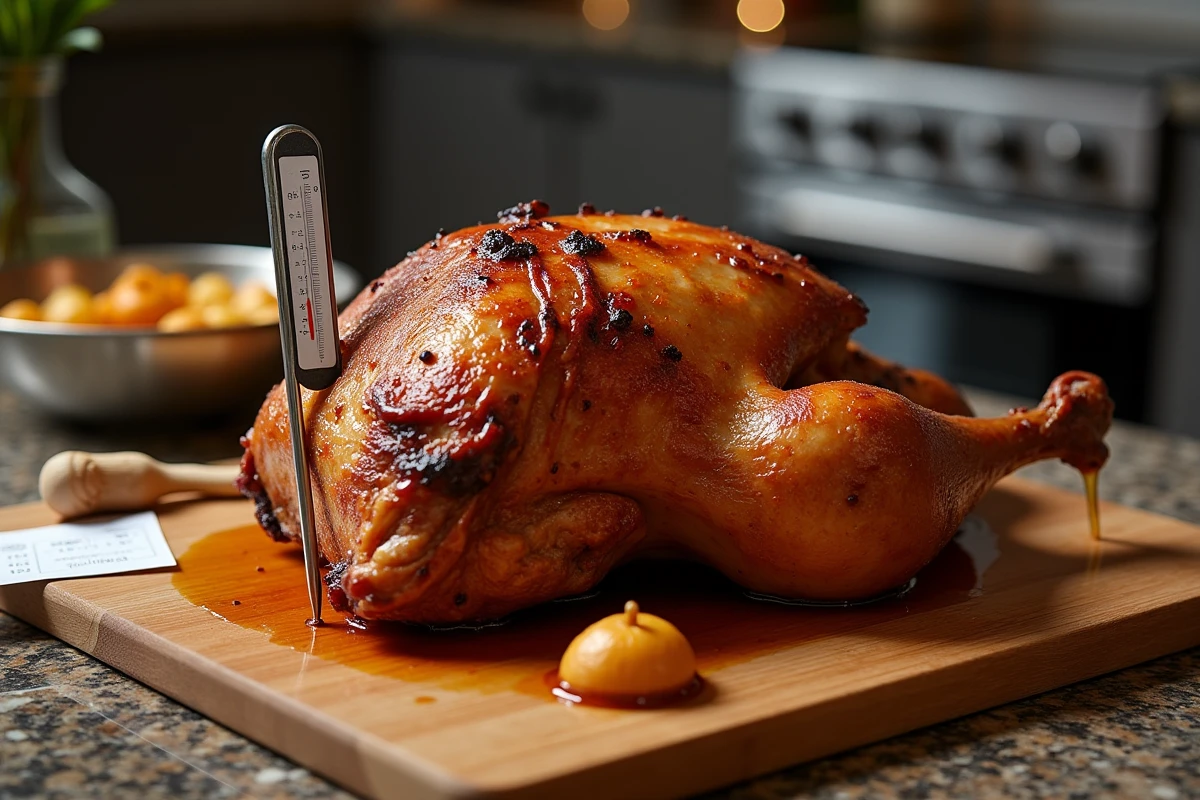 Palette de porc rôtie dorée sur planche à découper avec thermomètre et tableau de temps de cuisson