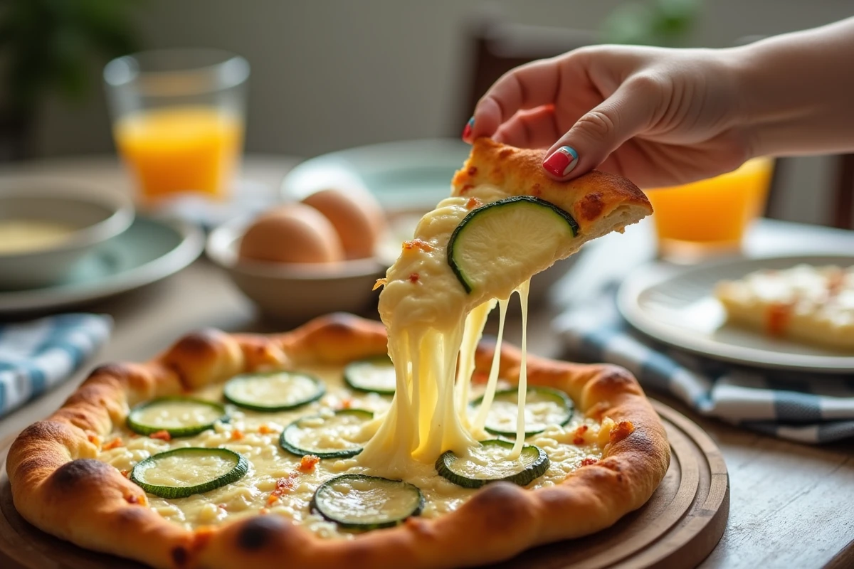 Part de pizza courgette fondante soulevée par une main d'enfant au-dessus d'une table familiale avec nappe à carreaux