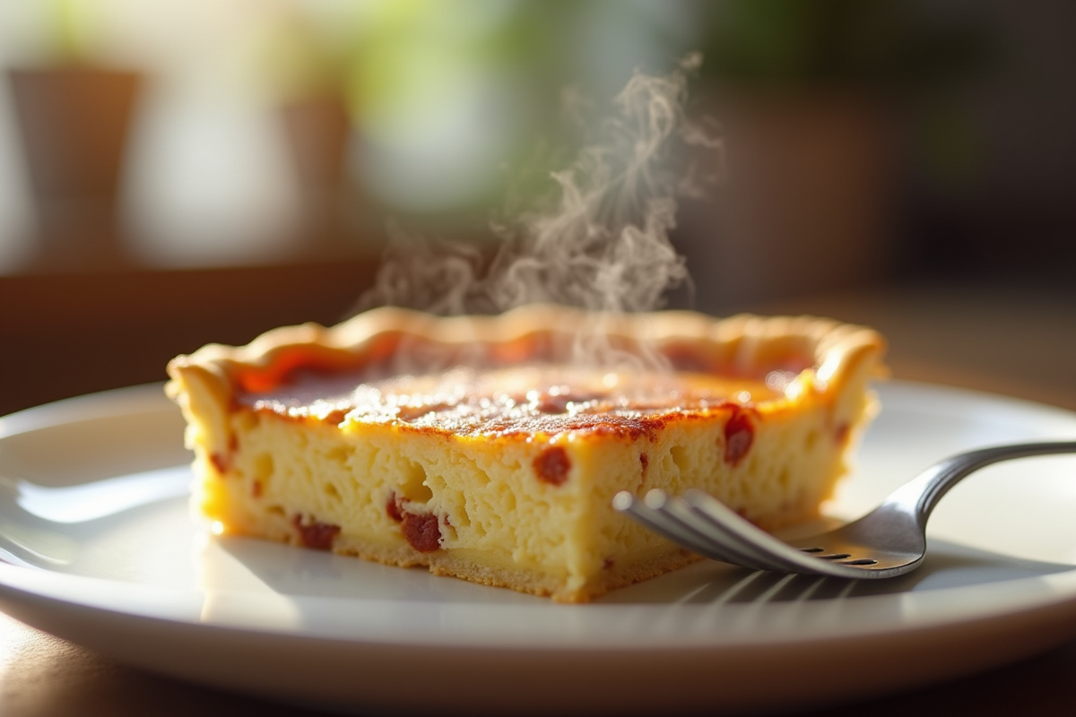 Une tranche de quiche au chorizo sur assiette blanche