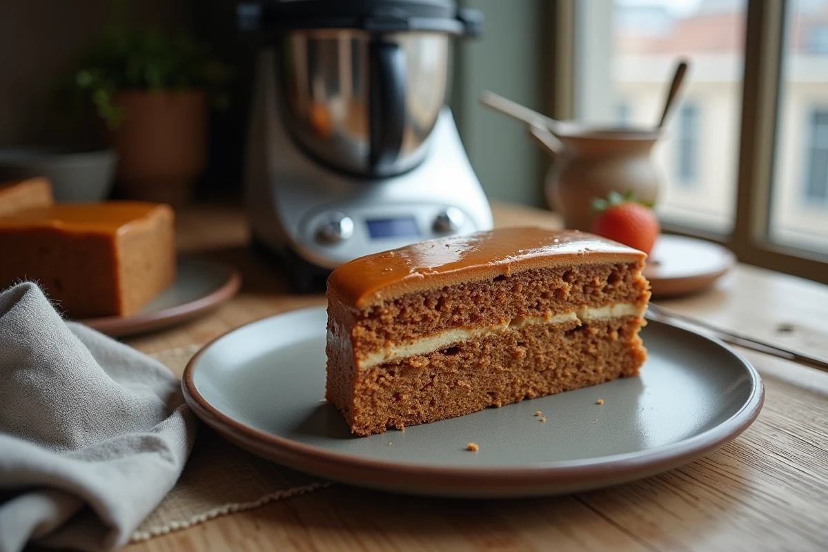 Partie d un gâteau marron tranché sur une assiette en pierre