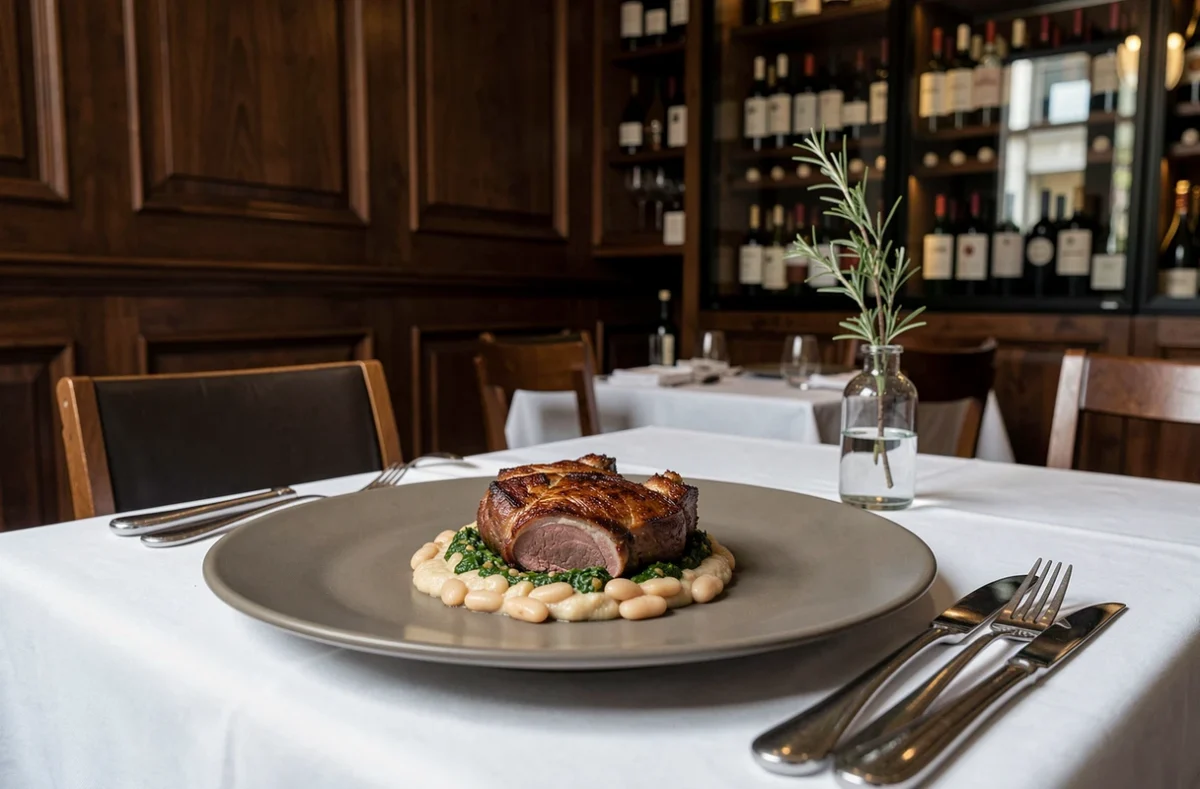 Agneau rôti sur purée de haricots blancs élégamment dressé dans le cadre gastronomique contemporain de Passerini dans le 12e