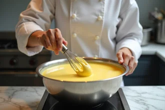 Cheffe pâtissière en train de fouetter une pâte à bombe dorée dans un bol en acier inoxydable au bain-marie
