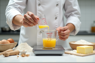 Chef pâtissier mesurant un liquide avec un verre doseur sur une balance
