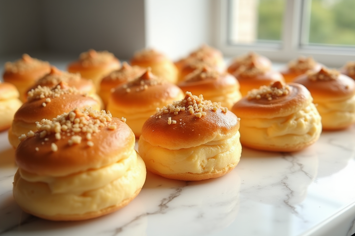 Choux croustillants avec craquelin doré sur marbre