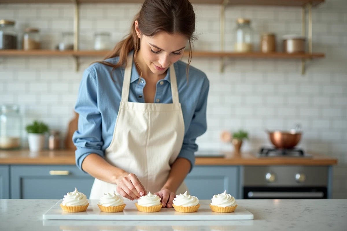 Femme en tablier pochant de la meringue sur des tartelettes au citron dans une cuisine maison