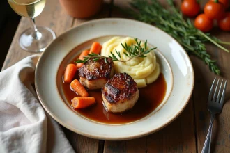 Assiette rustique de paupiettes de veau braisées accompagnées de purée de pommes de terre crémeuse et de carottes glacées sur une table en chêne