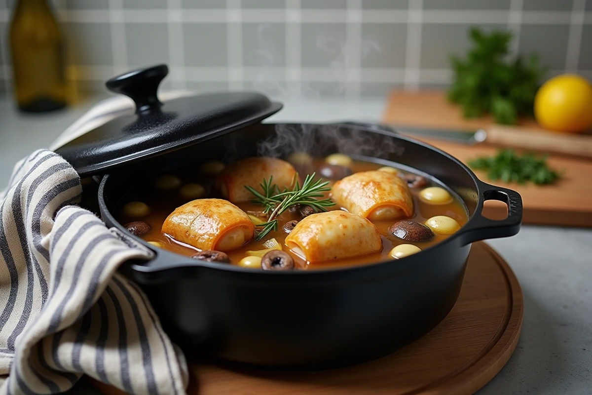 Cocotte en fonte avec paupiettes de veau aux champignons et oignons grelots dans un jus de vin blanc, vue en cuisine maison