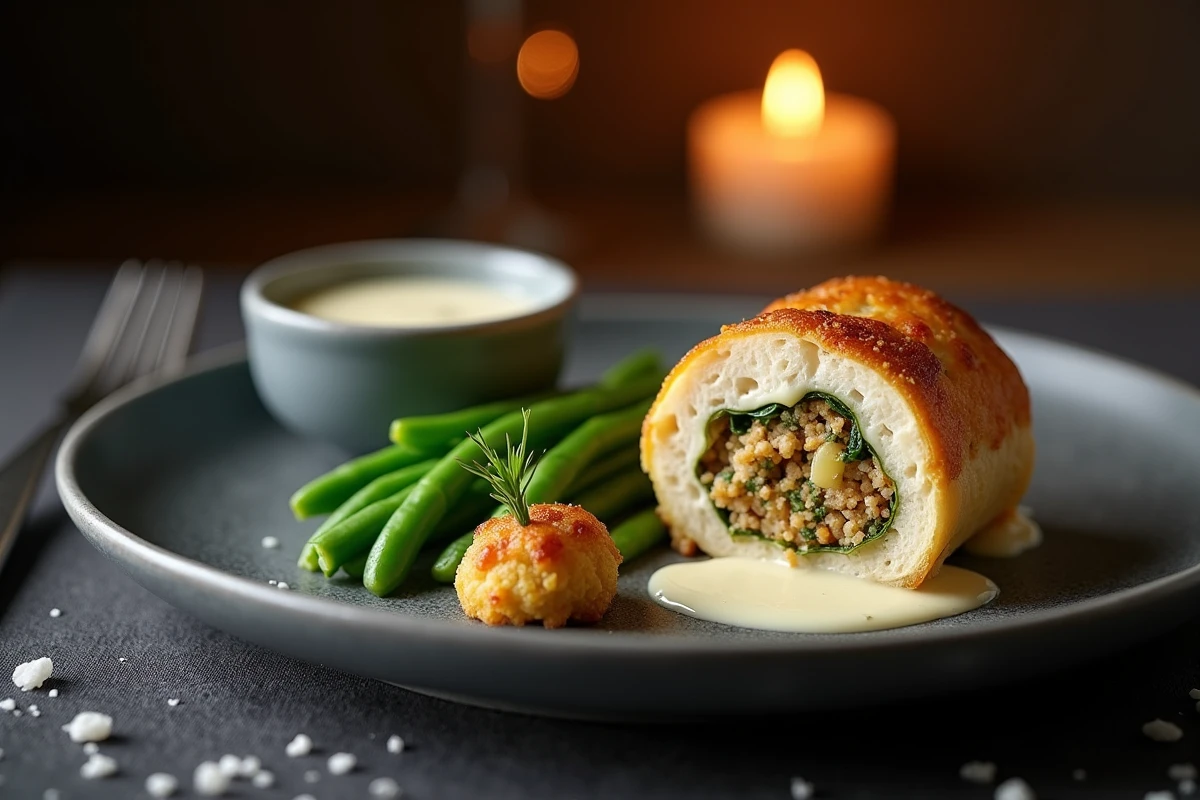 Paupiette de veau tranchée en restaurant avec haricots verts beurrés et sauce à l'estragon sur assiette ardoise