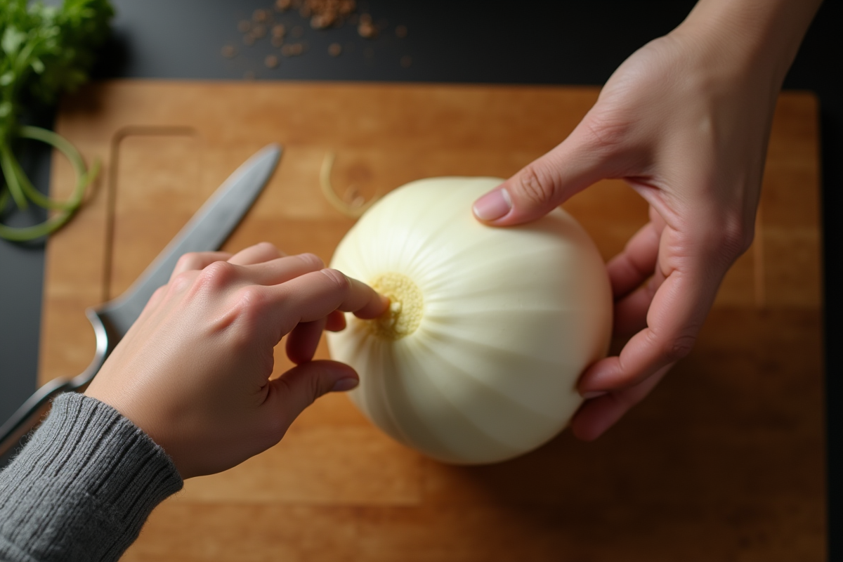 Mains épluchant un gros daikon sur planche en bois