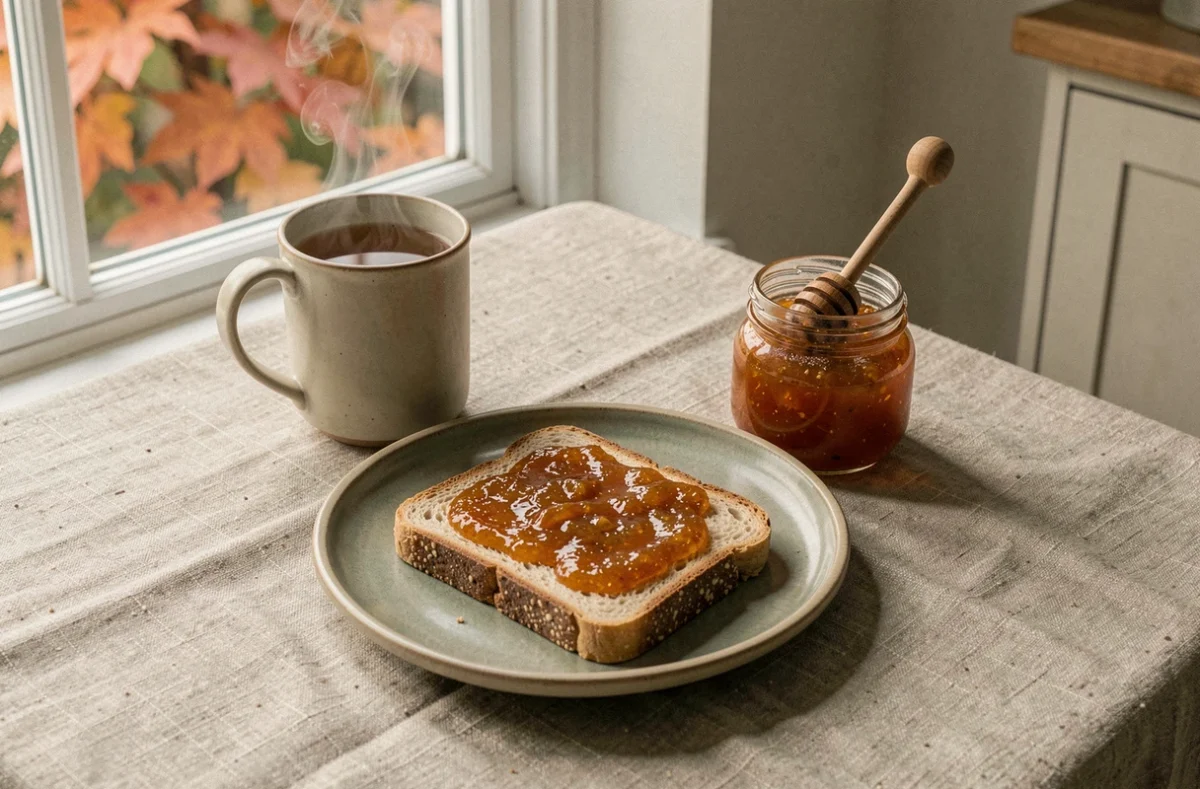 Petit-déjeuner cosy avec tartine de confiture de coings sur table en lin et tasse de thé fumante