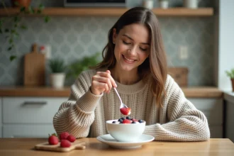 Jeune femme dégustant un yaourt aux fruits dans une cuisine chaleureuse