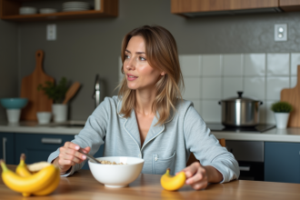 Femme en pyjama prenant son petit déjeuner dans la cuisine