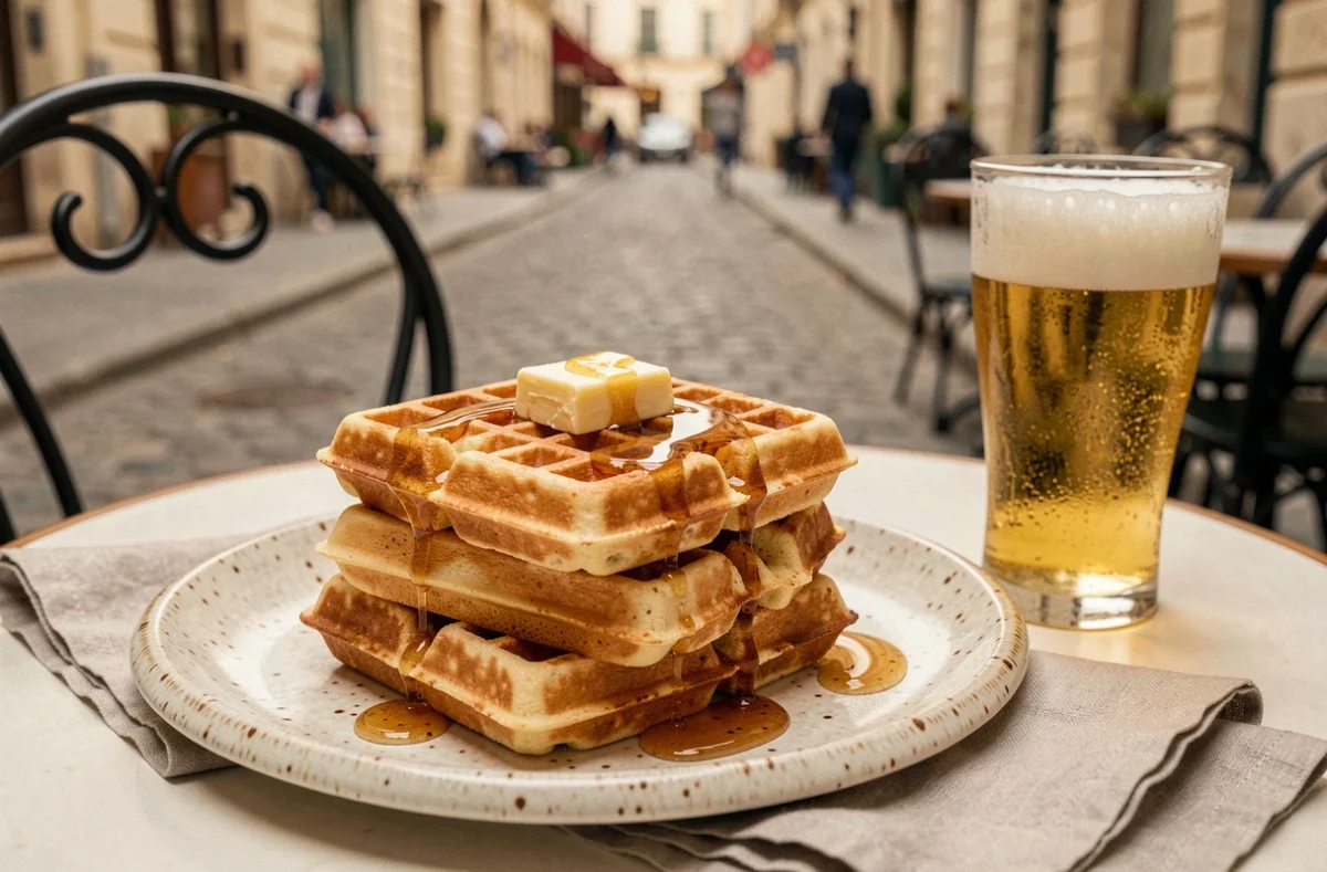 Pile de gaufres dorées à la bière blonde avec beurre et miel sur terrasse de café français