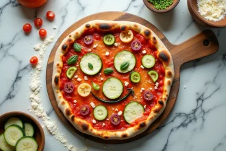 Vue du dessus d'une pizza courgette maison avec garnitures légumes colorées en forme de smiley sur planche en bois