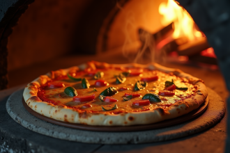 Pizza cuite au four de bois avec croûte dorée et ingrédients frais