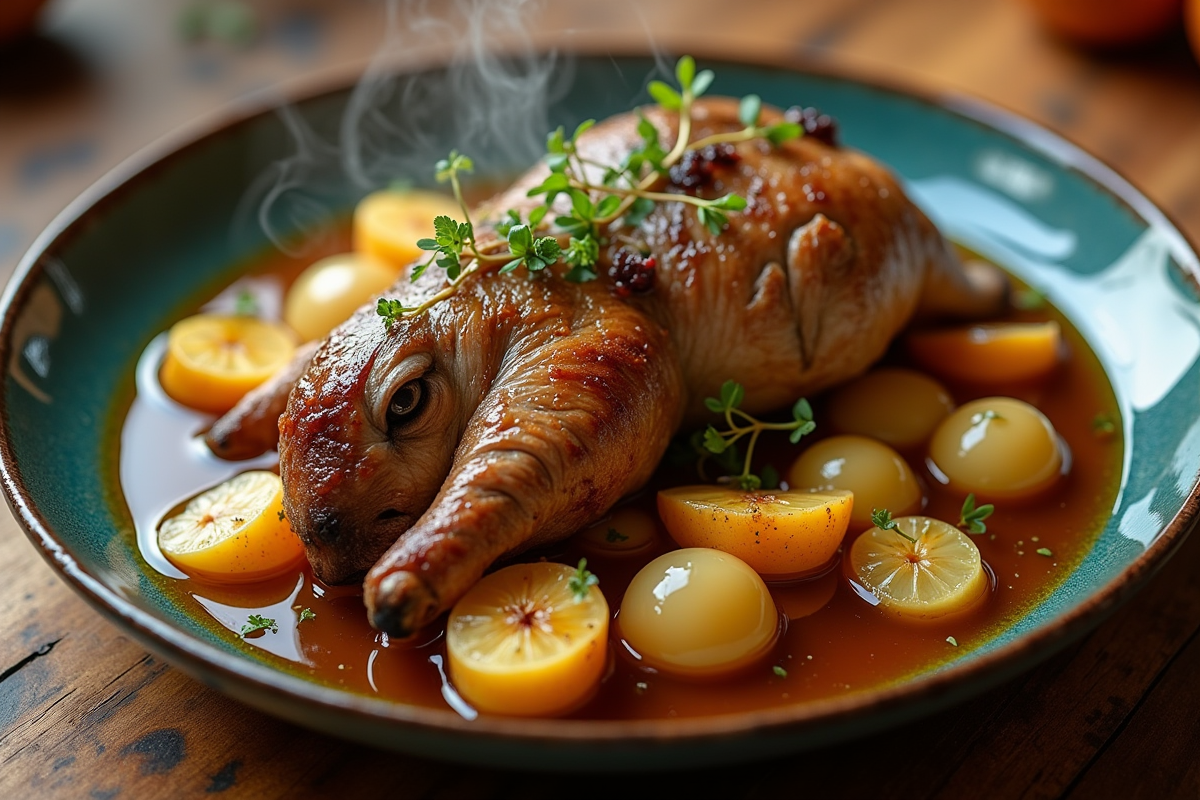 Gros plan sur un plat de lapin en cidre avec pommes caramélisées