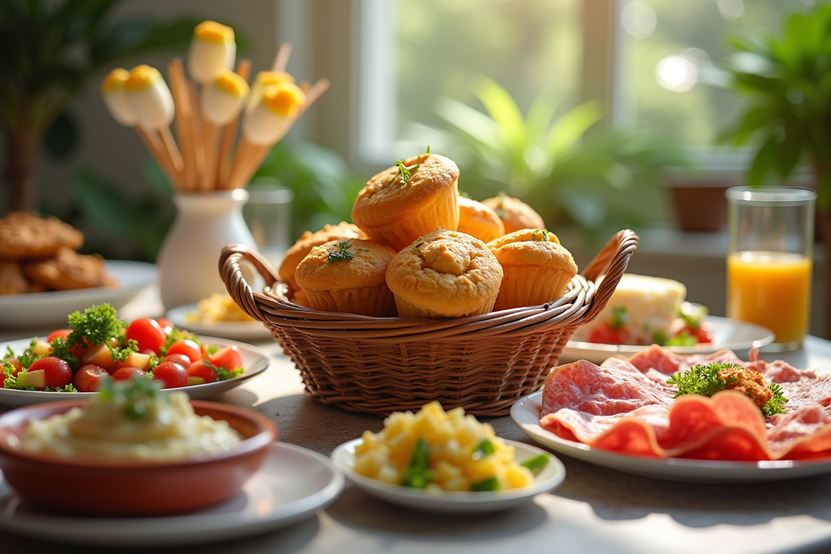 Brunch coloré avec muffins dorés et salades sur assiettes élégantes